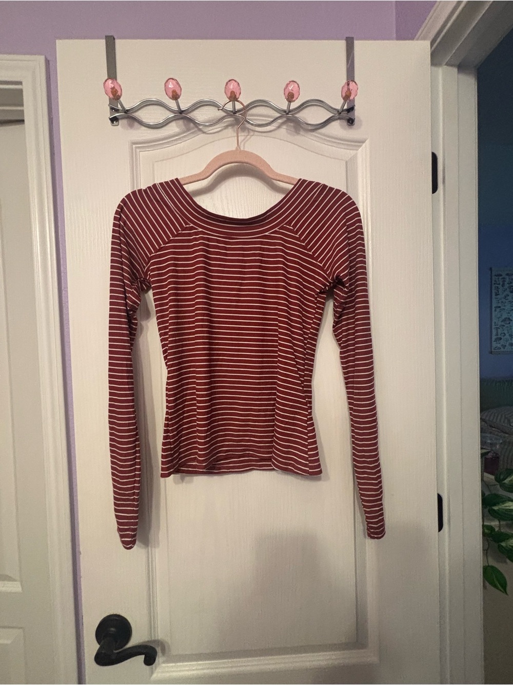 Urban Outfitters BDG Burgundy and White Striped Long-Sleeve Scoop Neck Top